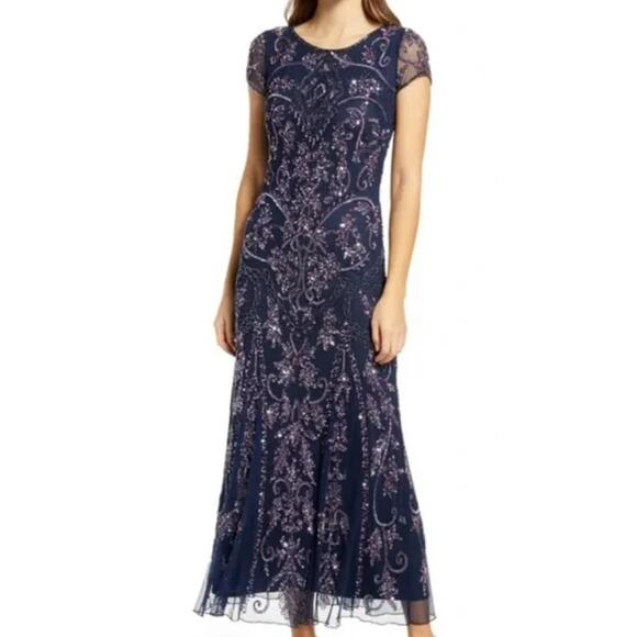 NWT Pisarro Nights Art Deco Beaded Mesh Cocktail Dress Size 8 in Carbon - Picture 1 of 6